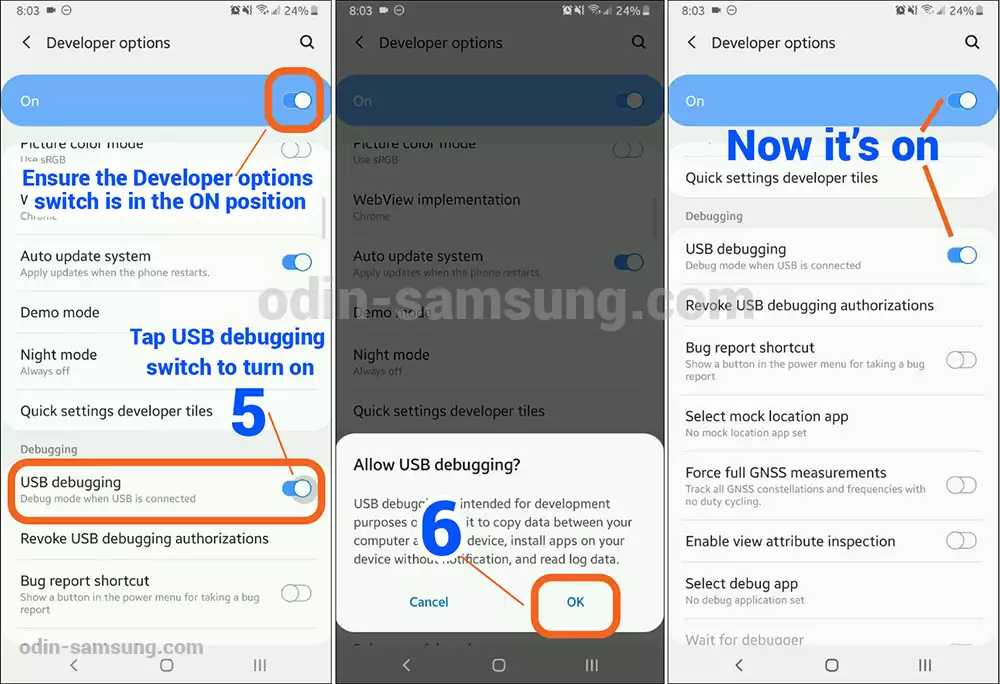 گزینه های توسعه دهنده ، اشکال زدایی USB Mod را فعال می کند - Samsung Odin Mode 